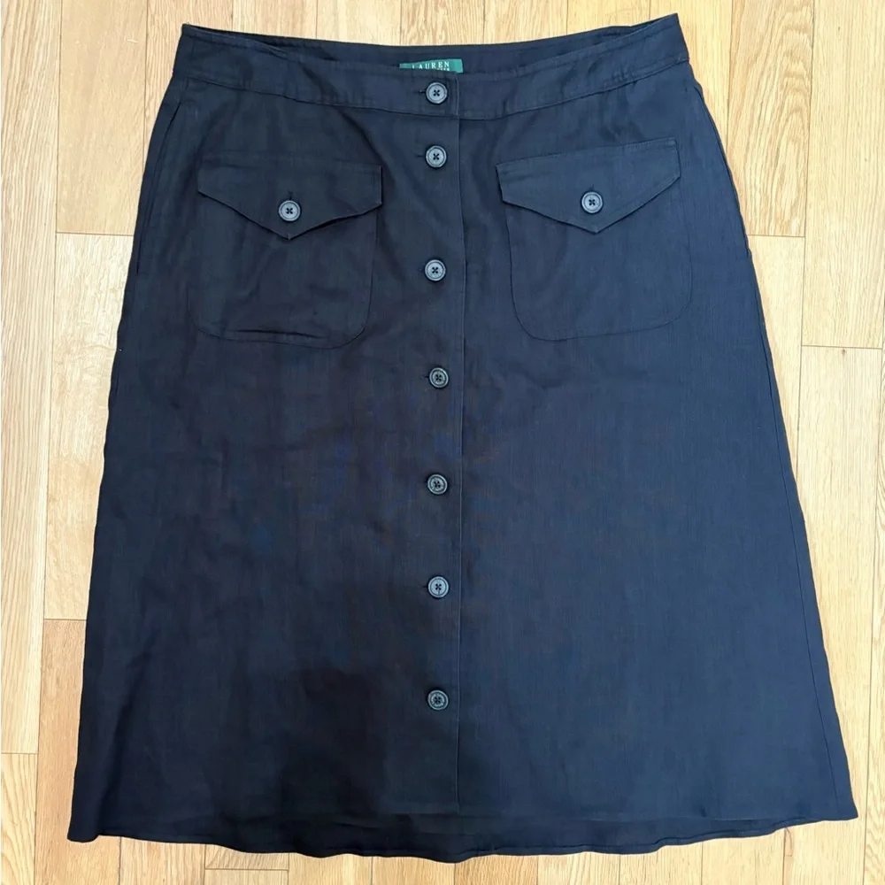 Lauren Ralph Lauren Black Linen Button Front Midi Skirt Quiet Luxury Minimalist - Picture 2 of 7
